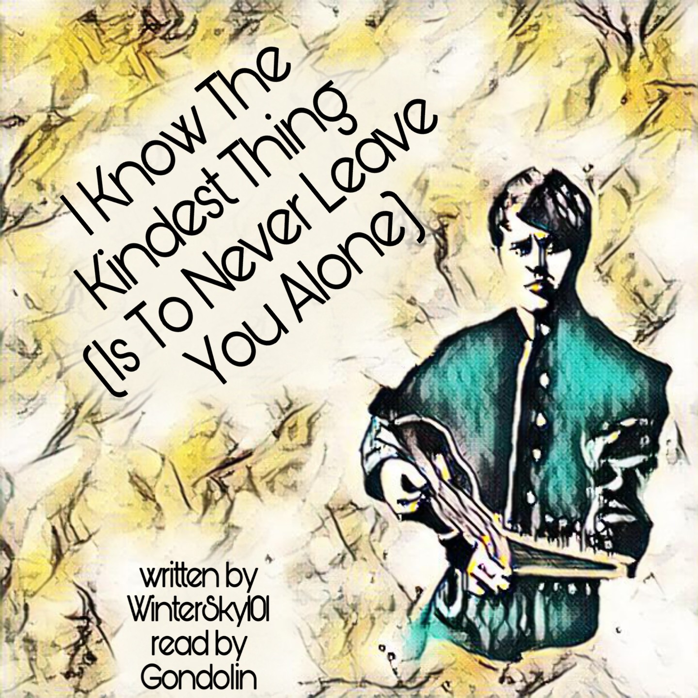 an image of Jaskier playing the lute with the colours distorted and a dandelion yellow background with the title and author and reader